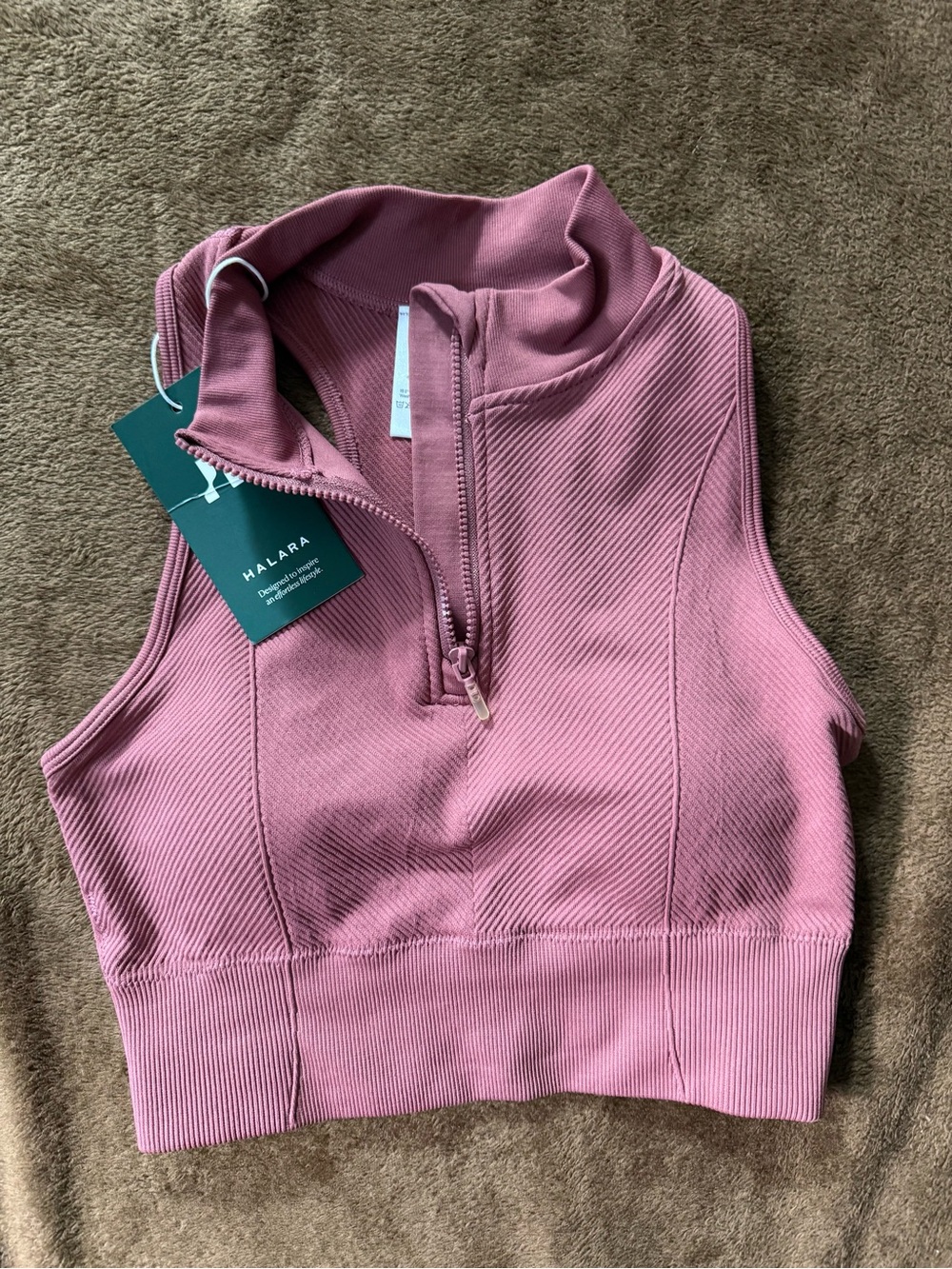 HALARA Ribbed Half-Zip Crop Sports Bra — Mauve